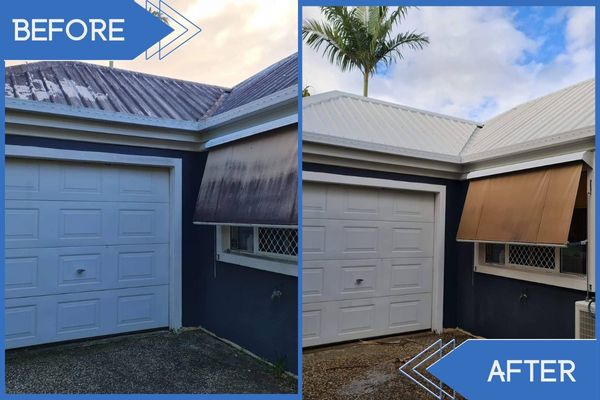 Residential House Garage Roof And Sunshade Pressure Washing Before Vs After